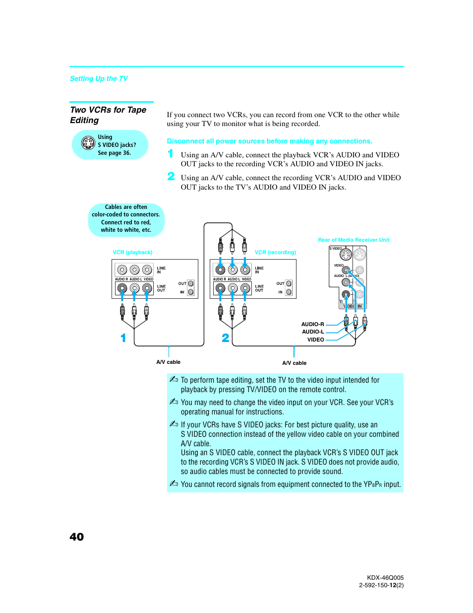 Two vcrs for tape editing | Sony KDX-46Q005 User Manual | Page 42 / 151