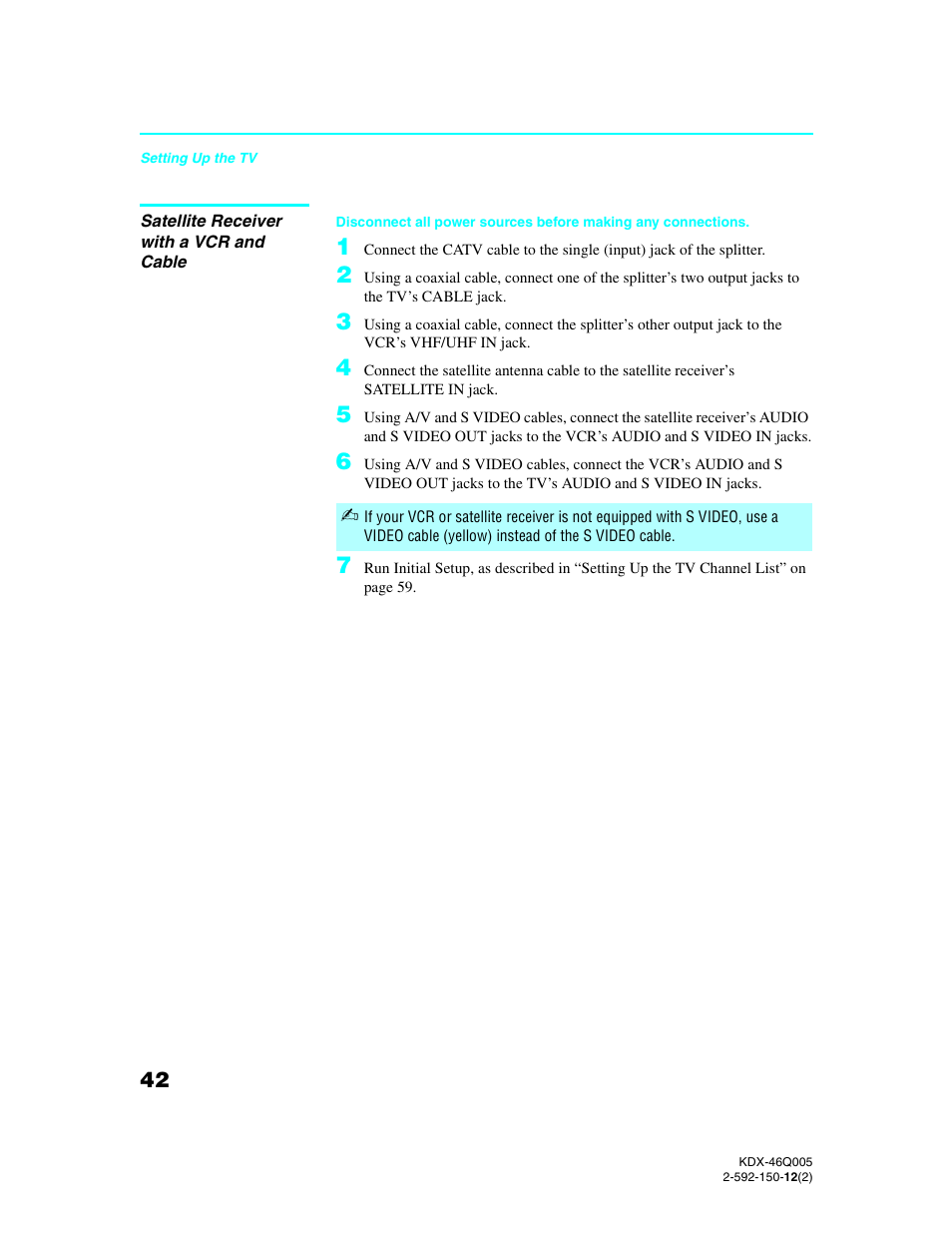Satellite receiver with a vcr and cable | Sony KDX-46Q005 User Manual | Page 44 / 151