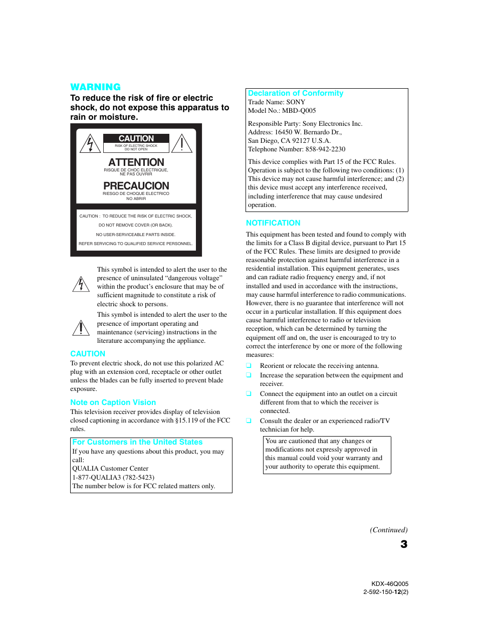 Attention, Precaucion, Warning | Sony KDX-46Q005 User Manual | Page 5 / 151