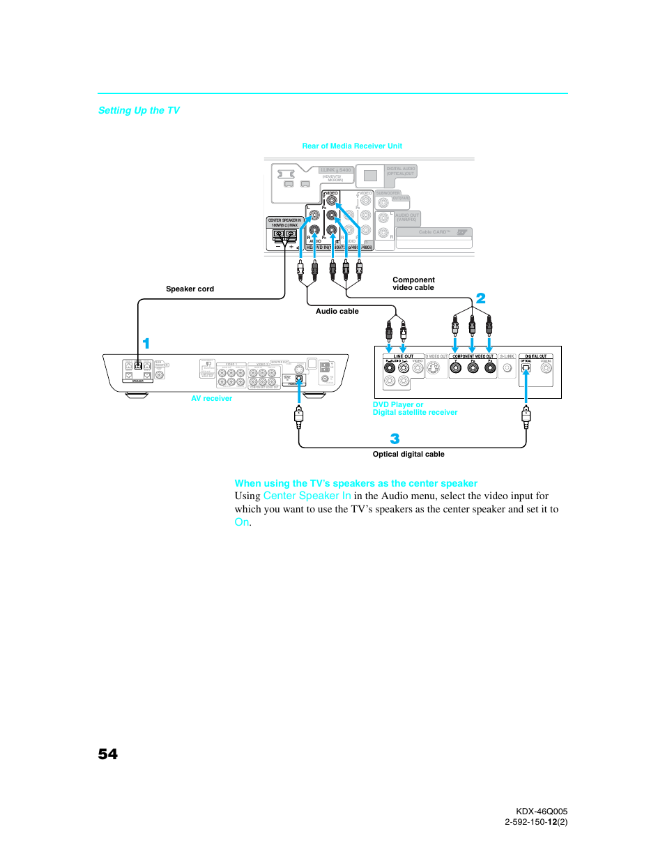 Setting up the tv, When using the tv’s speakers as the center speaker | Sony KDX-46Q005 User Manual | Page 56 / 151