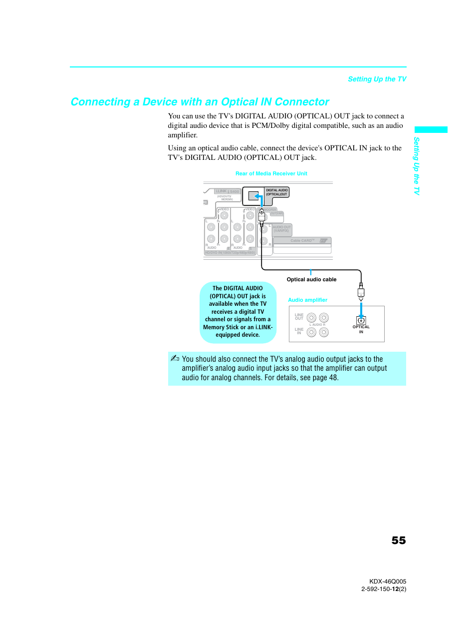 Connecting a device with an optical in connector, Connecting a device with an optical in, Connector | Setting up the tv, Se tting up the tv | Sony KDX-46Q005 User Manual | Page 57 / 151