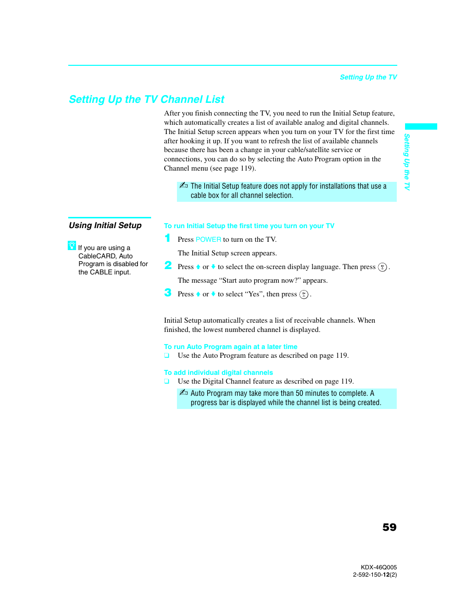 Setting up the tv channel list, Using initial setup | Sony KDX-46Q005 User Manual | Page 61 / 151
