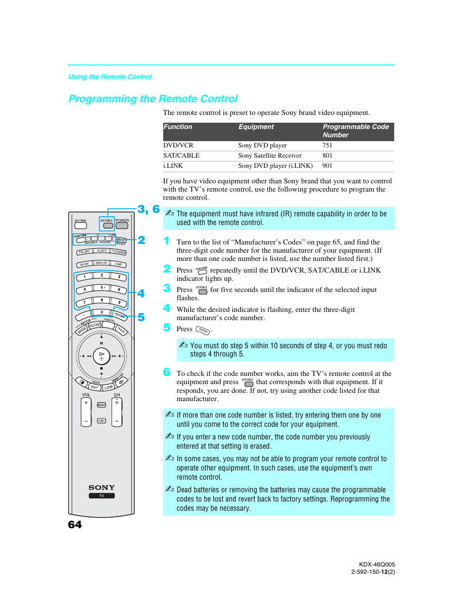 Programming the remote control | Sony KDX-46Q005 User Manual | Page 66 / 151