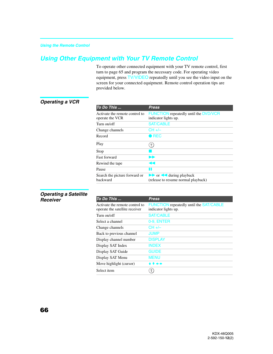 Using other equipment with your tv remote control, Operating a vcr, Operating a satellite receiver | Using other equipment with your tv remote | Sony KDX-46Q005 User Manual | Page 68 / 151