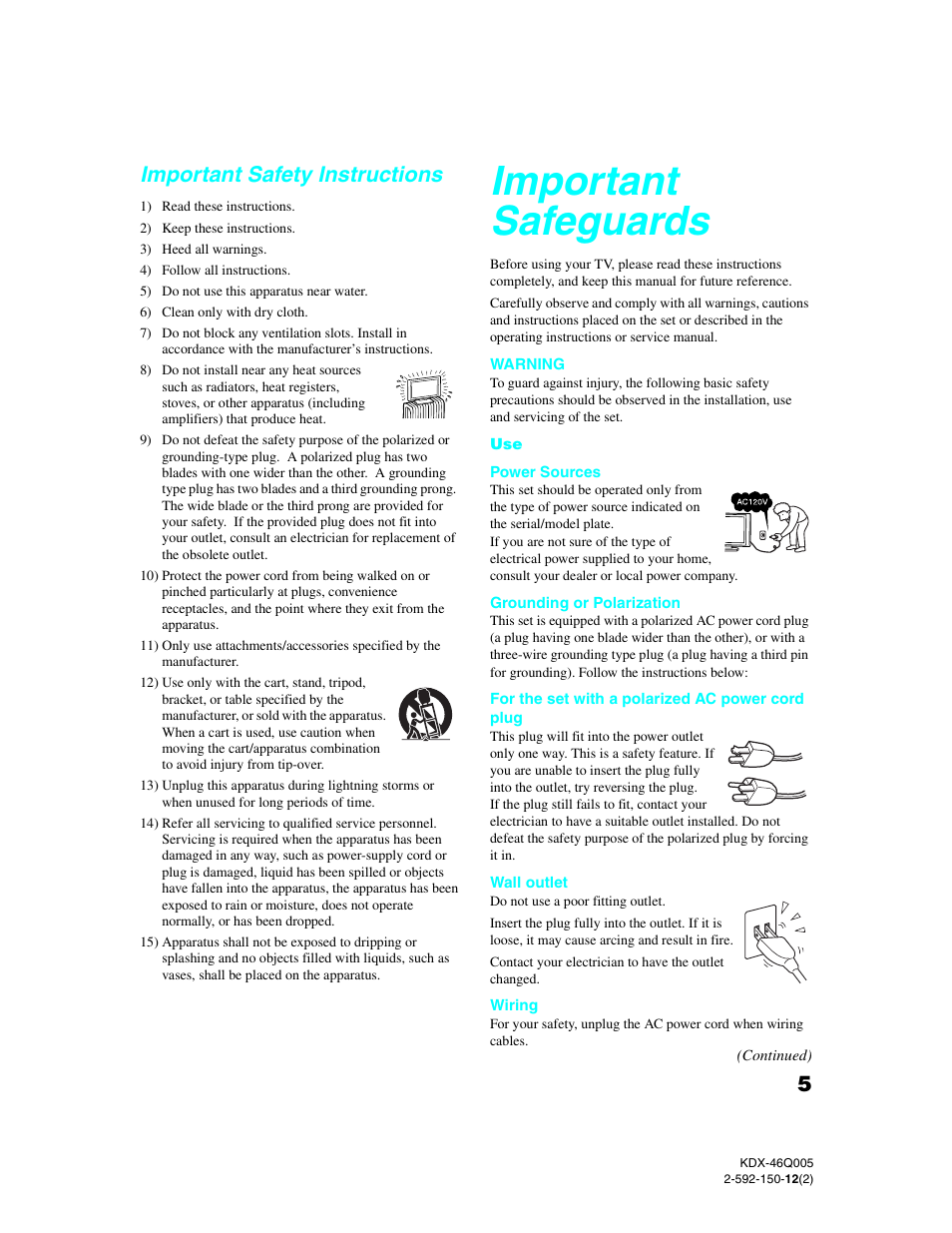 Important safeguards, Important safety instructions | Sony KDX-46Q005 User Manual | Page 7 / 151