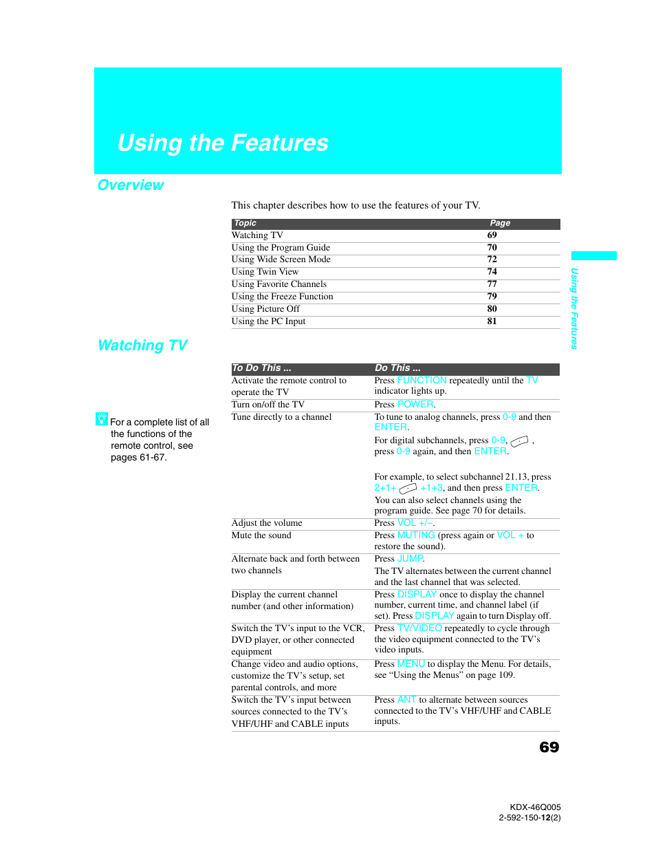 Using the features, Overview, Watching tv | Overview watching tv | Sony KDX-46Q005 User Manual | Page 71 / 151