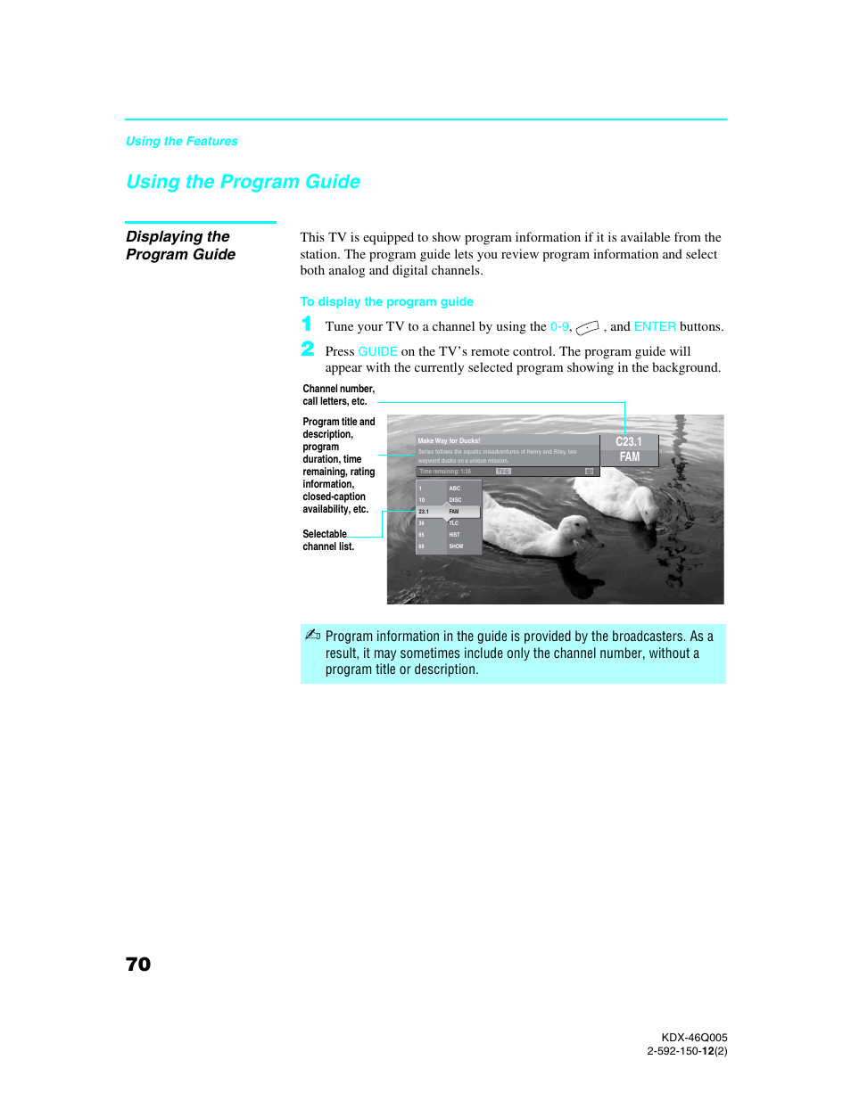 Using the program guide, Displaying the program guide | Sony KDX-46Q005 User Manual | Page 72 / 151