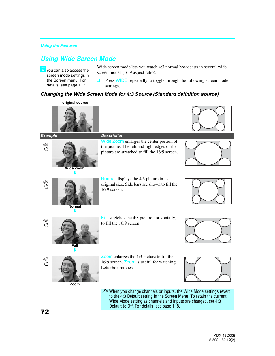 Using wide screen mode, Using wide screen | Sony KDX-46Q005 User Manual | Page 74 / 151