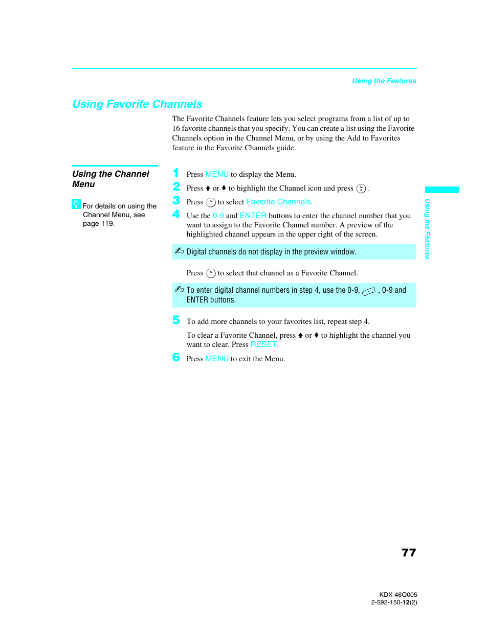 Using favorite channels, Using the channel menu | Sony KDX-46Q005 User Manual | Page 79 / 151
