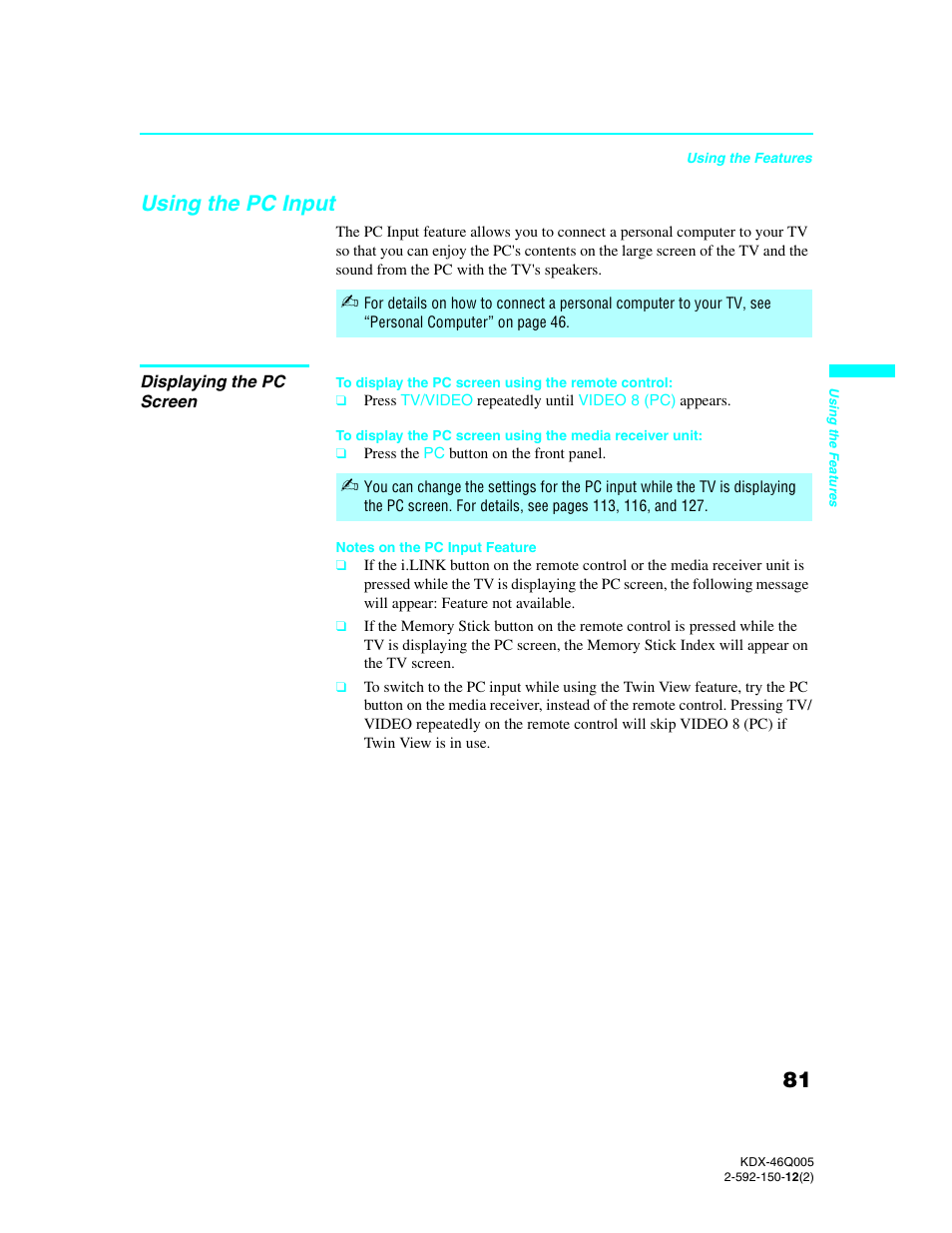 Using the pc input, Displaying the pc screen | Sony KDX-46Q005 User Manual | Page 83 / 151