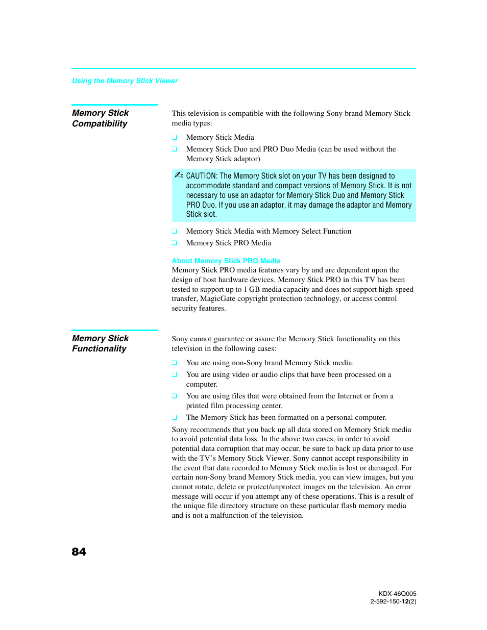 Memory stick compatibility, Memory stick functionality | Sony KDX-46Q005 User Manual | Page 86 / 151