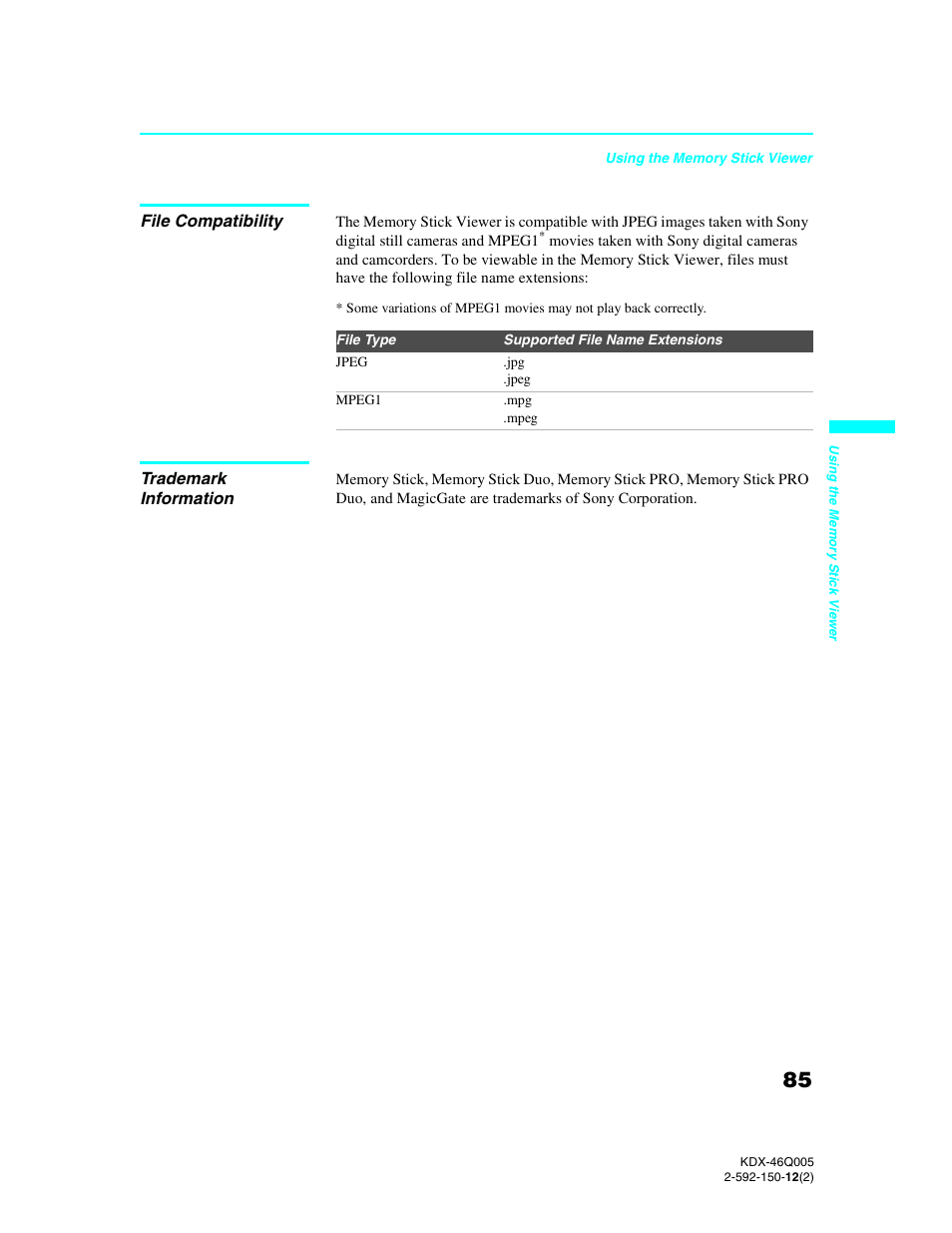 File compatibility, Trademark information, File compatibility trademark information | Sony KDX-46Q005 User Manual | Page 87 / 151