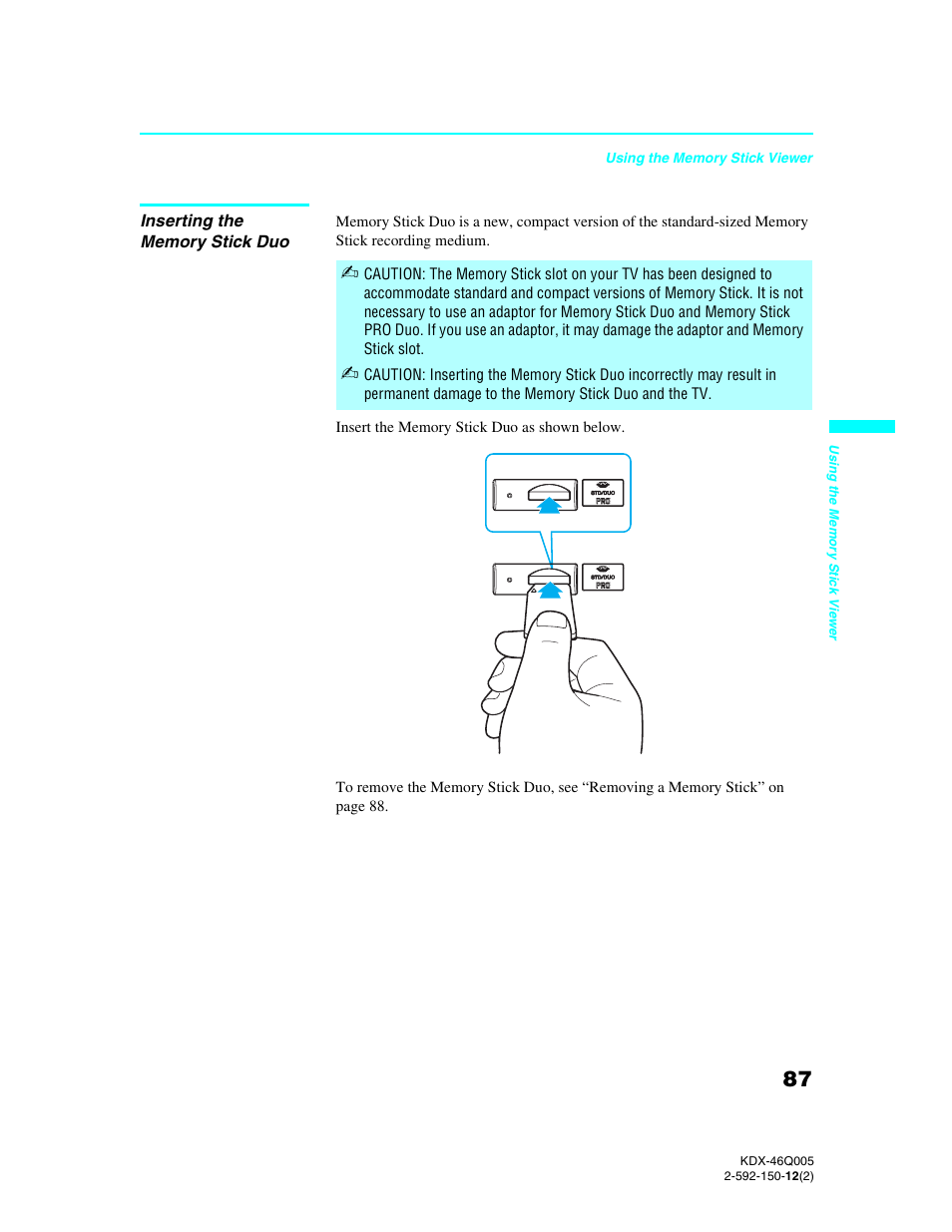 Inserting the memory stick duo | Sony KDX-46Q005 User Manual | Page 89 / 151