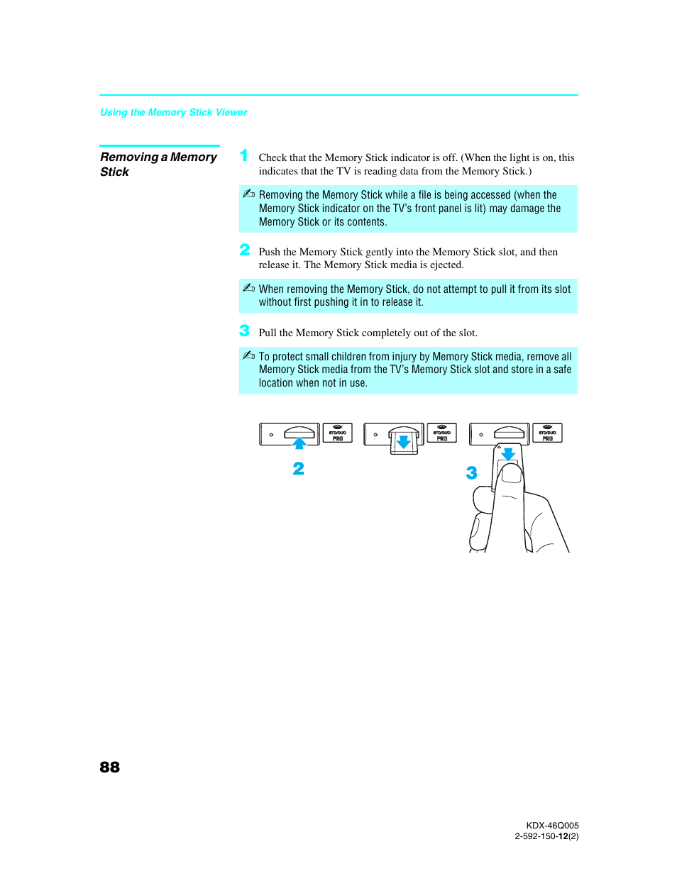 Removing a memory stick | Sony KDX-46Q005 User Manual | Page 90 / 151