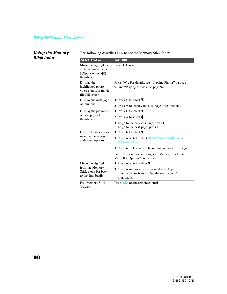 Using the memory stick index | Sony KDX-46Q005 User Manual | Page 92 / 151