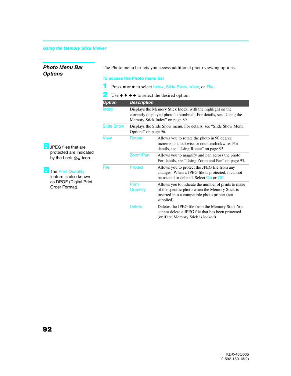 Photo menu bar options | Sony KDX-46Q005 User Manual | Page 94 / 151