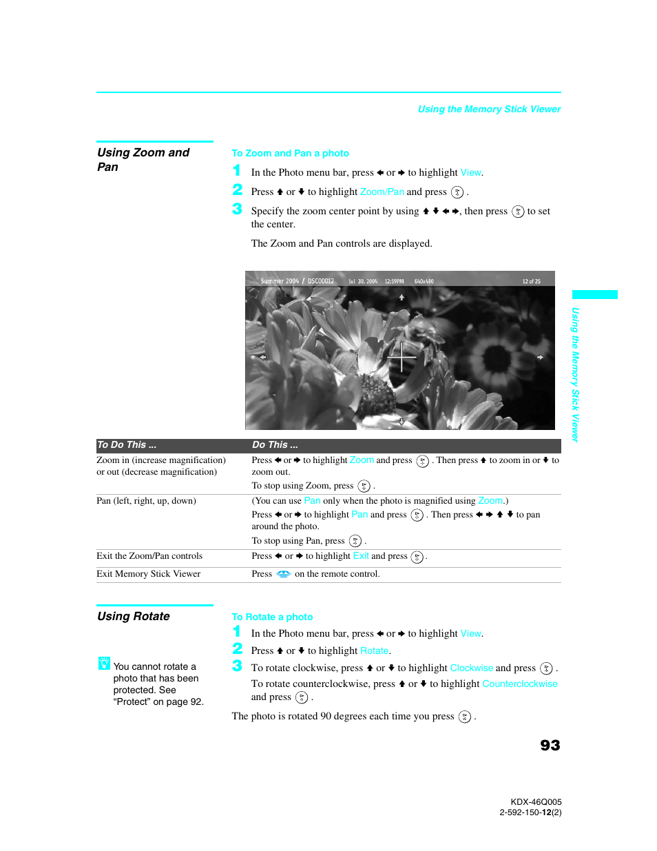 Using zoom and pan, Using rotate, Using zoom and pan using rotate | Sony KDX-46Q005 User Manual | Page 95 / 151