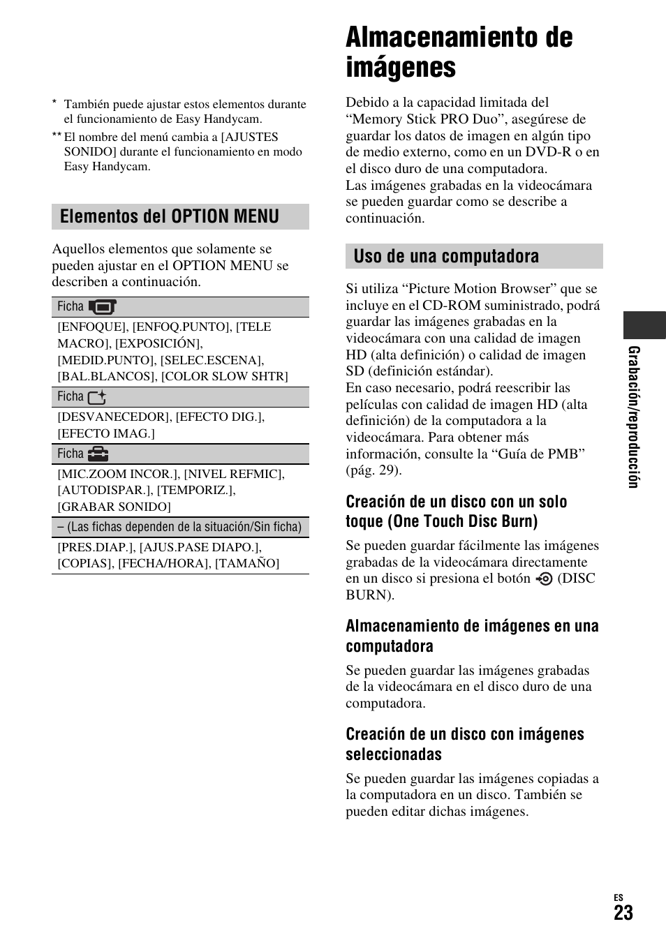 Almacenamiento de imágenes, Elementos del option menu, Uso de una computadora | Sony HDR-TG1 User Manual | Page 59 / 76
