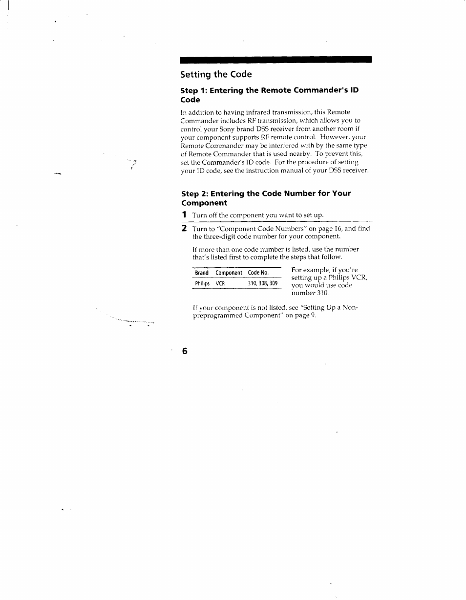 Setting the code, Step 1; entering the remote commander's id code | Sony RM-Y130 User Manual | Page 6 / 20