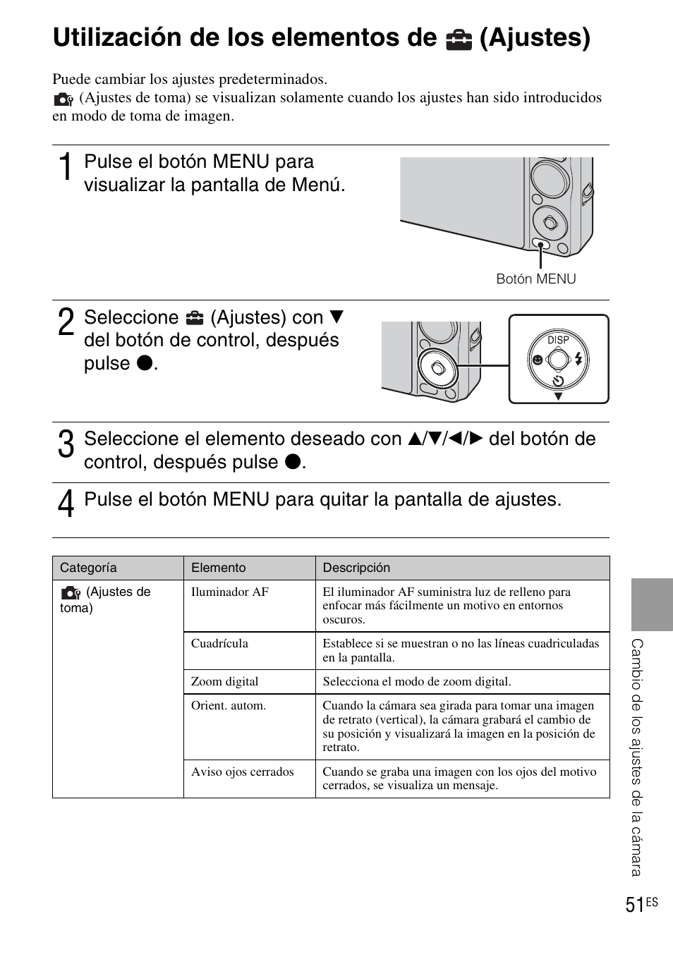 Utilización de los elementos de (ajustes), Utilización de los elementos de, Ajustes) | Sony DSC-WX1 User Manual | Page 109 / 120
