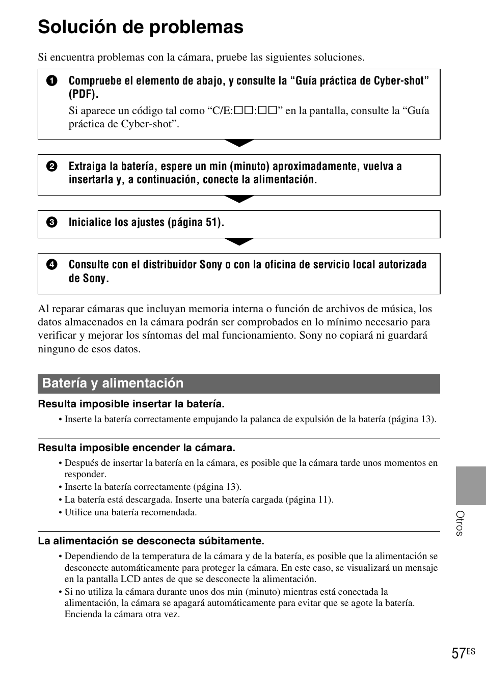 Solución de problemas, Batería y alimentación | Sony DSC-WX1 User Manual | Page 115 / 120