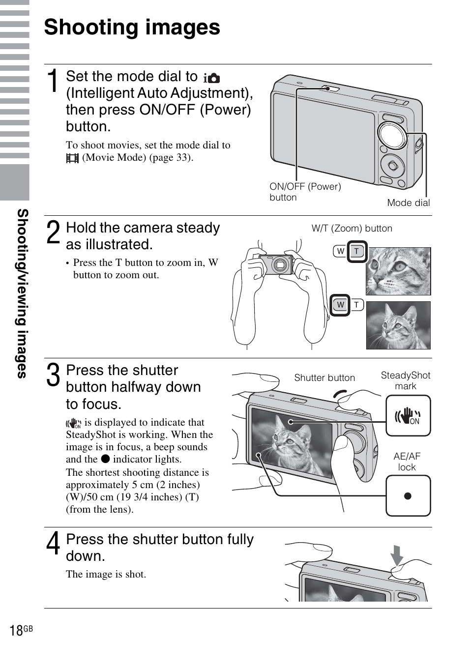Shooting/viewing images, Shooting images | Sony DSC-WX1 User Manual | Page 18 / 120
