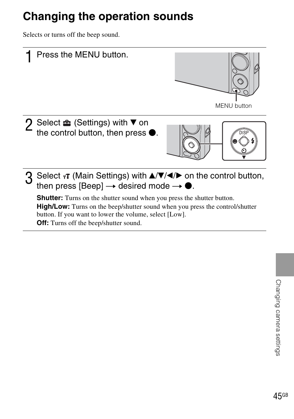 Changing camera settings, Changing the operation sounds | Sony DSC-WX1 User Manual | Page 45 / 120