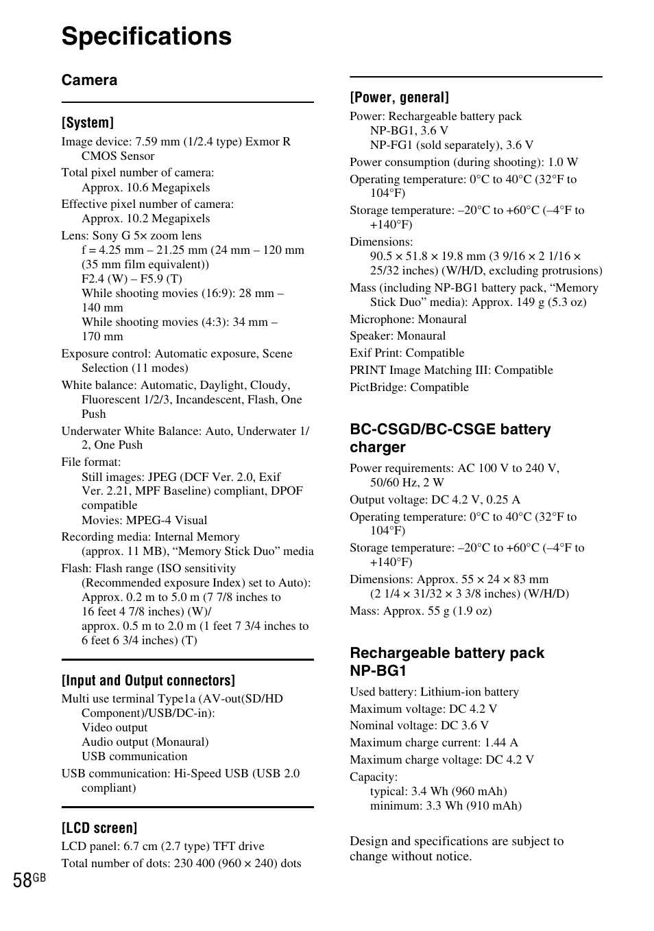 Specifications | Sony DSC-WX1 User Manual | Page 58 / 120