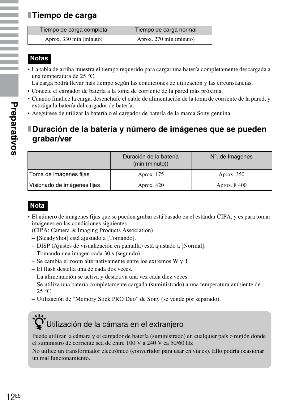 Pr eparat ivo s, Xtiempo de carga | Sony DSC-WX1 User Manual | Page 70 / 120