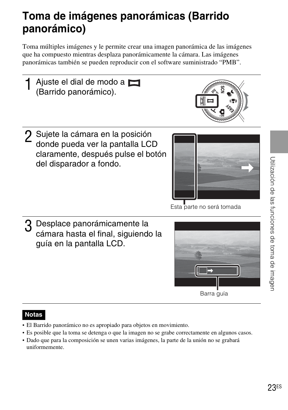 Toma de imágenes panorámicas (barrido panorámico) | Sony DSC-WX1 User Manual | Page 81 / 120