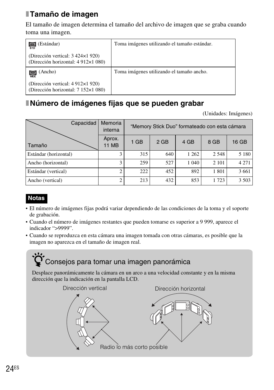 Xtamaño de imagen, Xnúmero de imágenes fijas que se pueden grabar, Consejos para tomar una imagen panorámica | Sony DSC-WX1 User Manual | Page 82 / 120