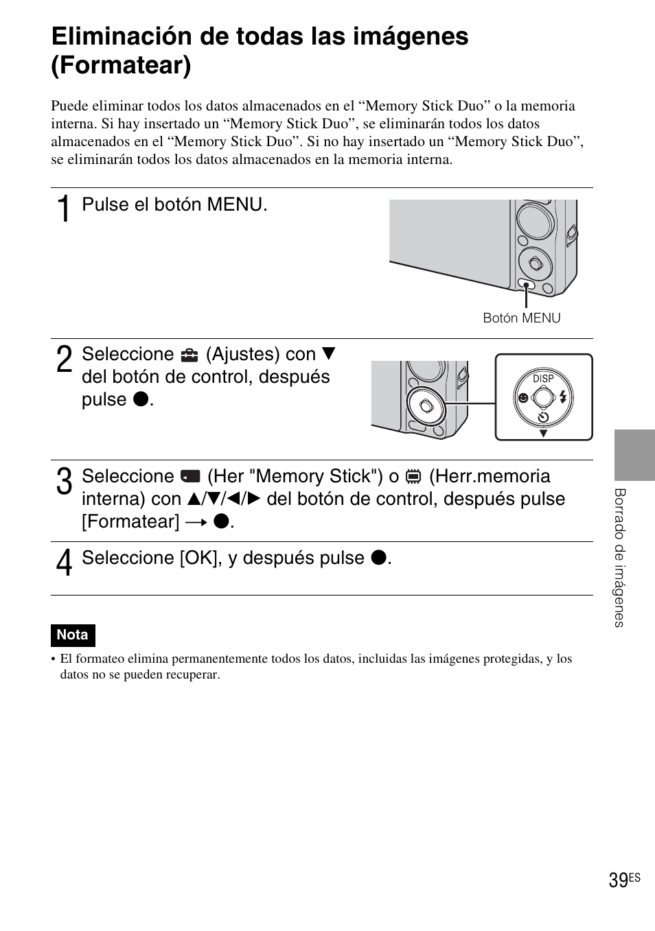 Eliminación de todas las imágenes (formatear) | Sony DSC-WX1 User Manual | Page 97 / 120