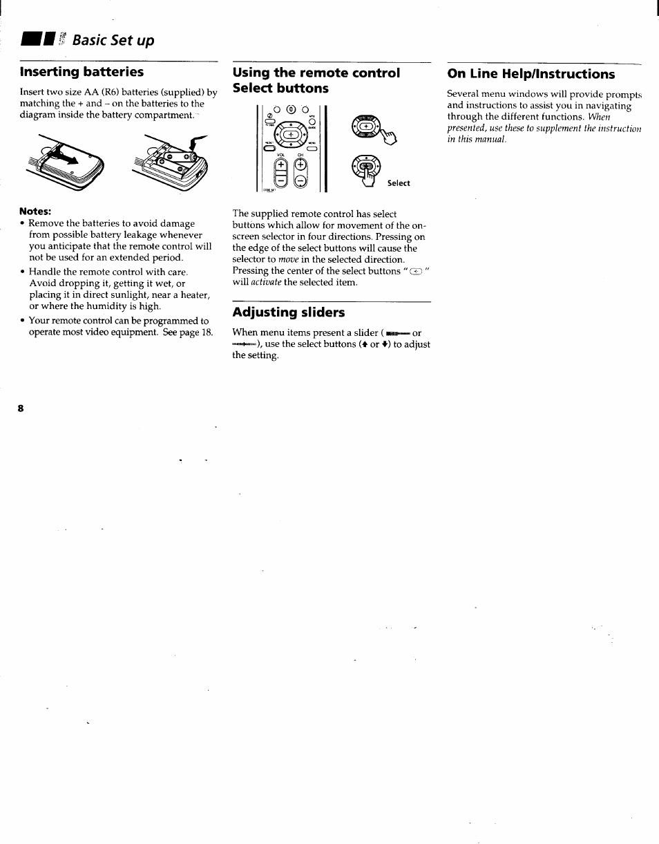 Fmf basic set up, Inserting batteries, On line help/lnstructions | Notes, Adjusting sliders, Basic set up | Sony KV-27V22 User Manual | Page 11 / 28
