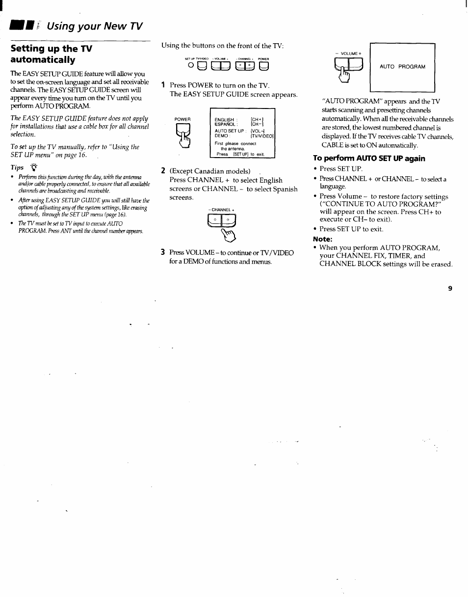 Using your new tv, Setting up the tv automatically, To perform auto set up again | Note | Sony KV-27V22 User Manual | Page 12 / 28