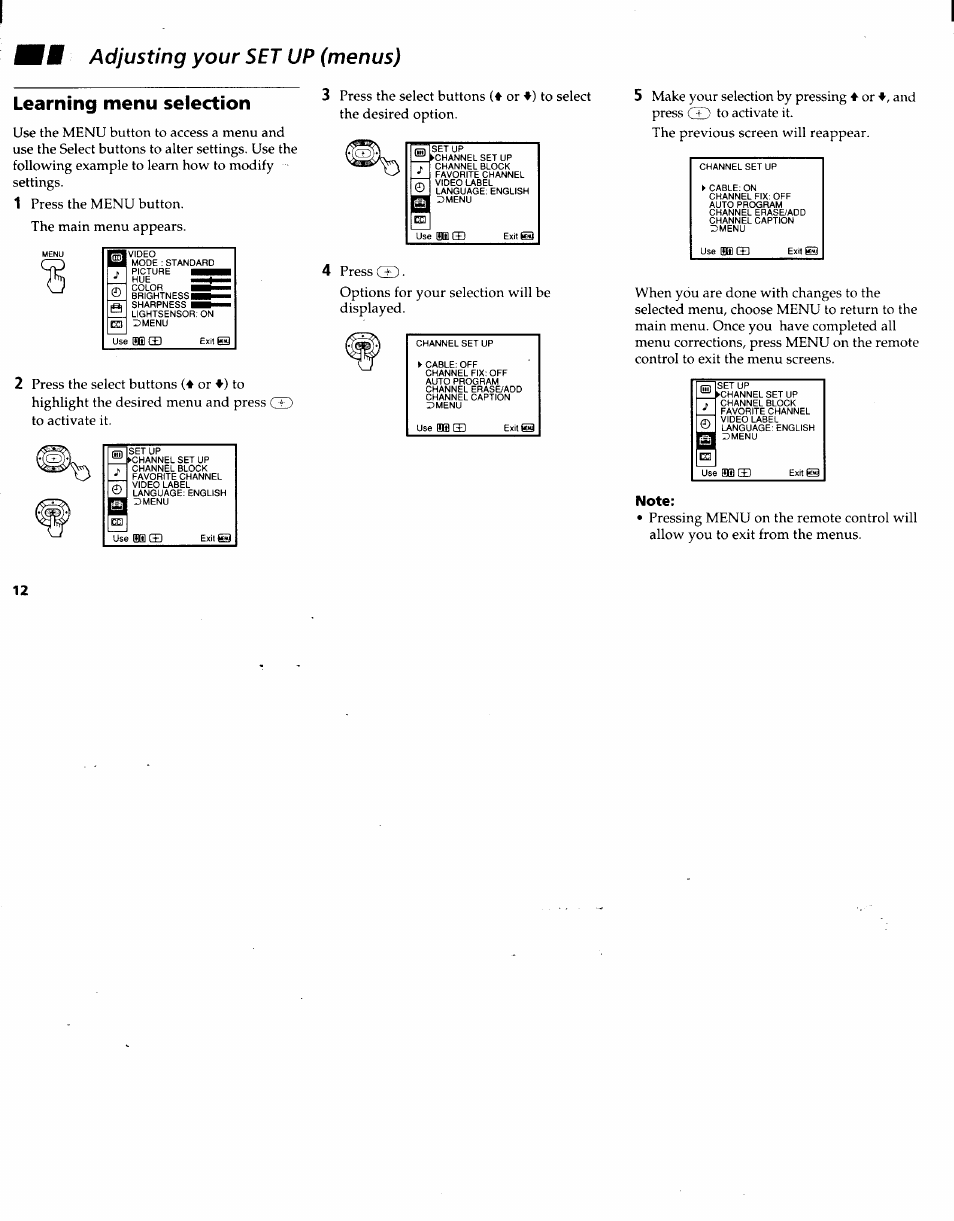 Learning menu selection, Note, W adjusting your set up (menus) | Sony KV-27V22 User Manual | Page 15 / 28