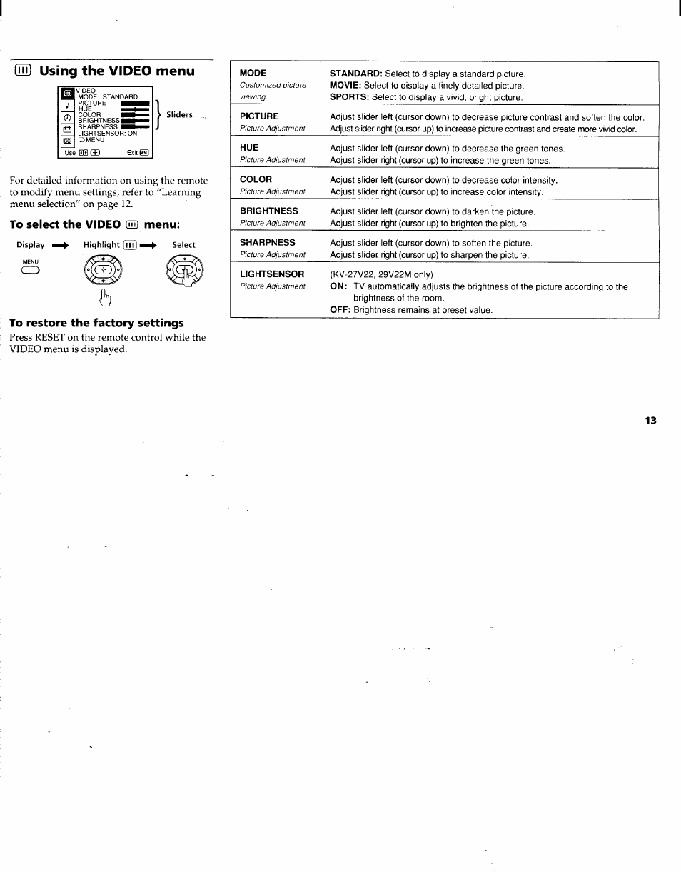 Nu using the video menu, To select the video qh) menu, To restore the factory settings | Cz) kqd) | Sony KV-27V22 User Manual | Page 16 / 28