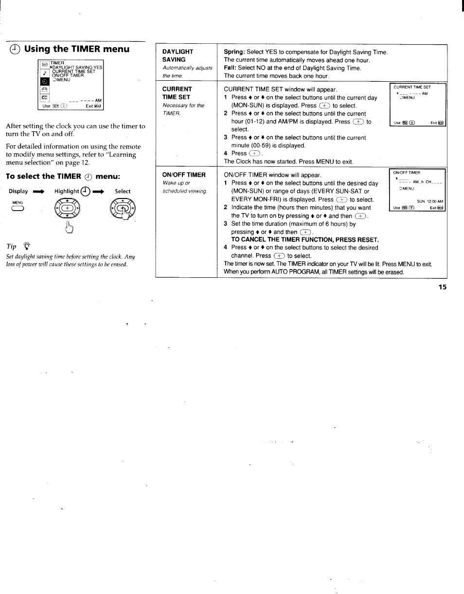 0 using the timer menu, To select the timer 0 menu, Using the timer menu | Menu | Sony KV-27V22 User Manual | Page 18 / 28