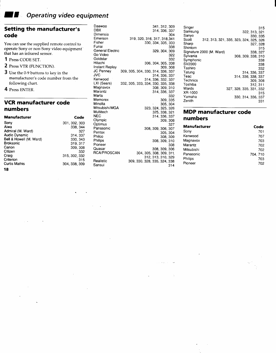Fm operating video equipment, Operating video equipment, Setting the manufacturer's code | Vcr manufacturer code numbers, Mdp manufacturer code numbers | Sony KV-27V22 User Manual | Page 21 / 28