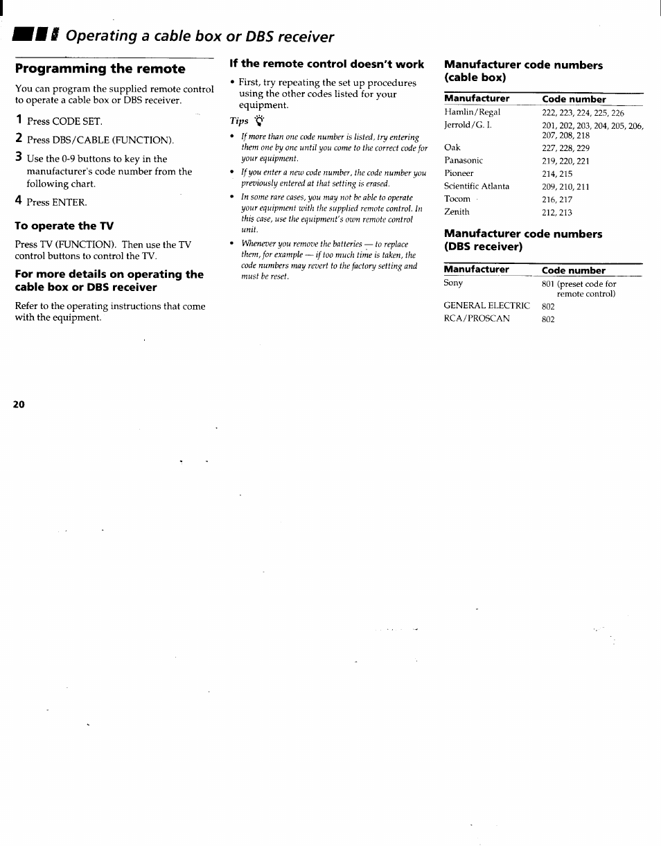 Fmi operating a cable box or dbs receiver, Programming the remote, To operate the tv | If the remote control doesn't work, Manufacturer code numbers (cable box), Operating a cable box or dbs receiver | Sony KV-27V22 User Manual | Page 23 / 28
