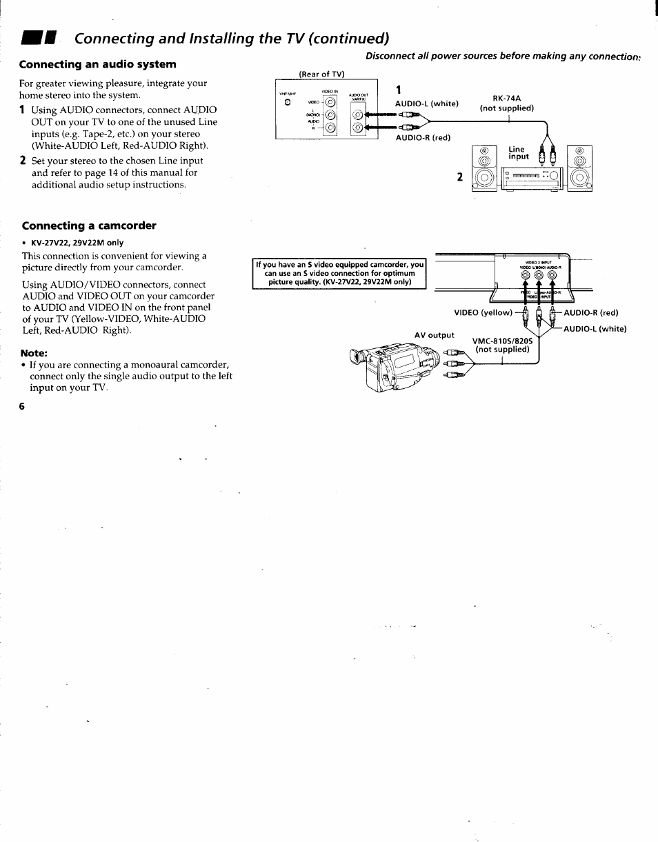 Connecting and installing the tv (continued), Connecting an audio system, Connecting a camcorder | Note | Sony KV-27V22 User Manual | Page 9 / 28