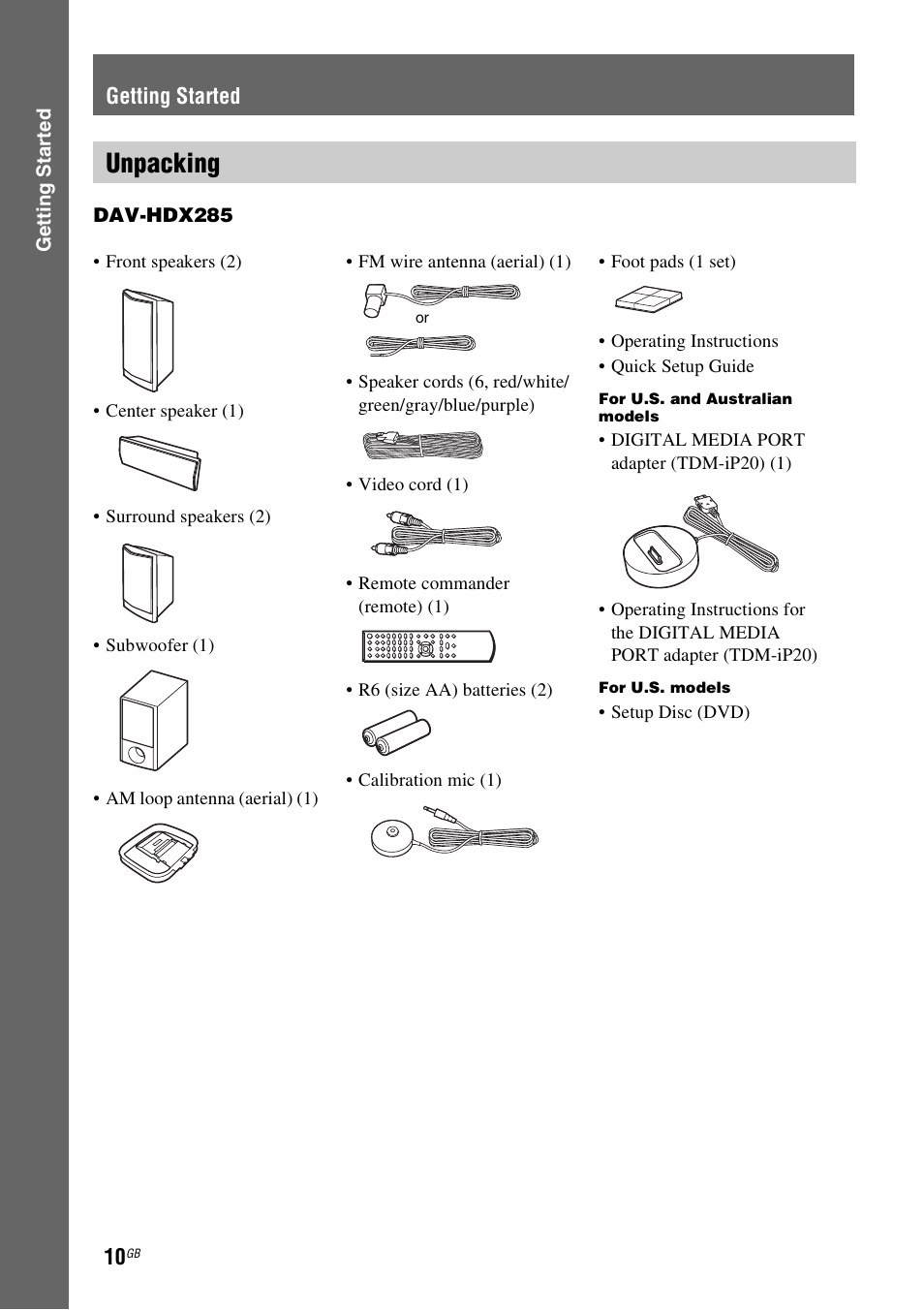 Getting started, Unpacking | Sony DAV-HDX585 User Manual | Page 10 / 116