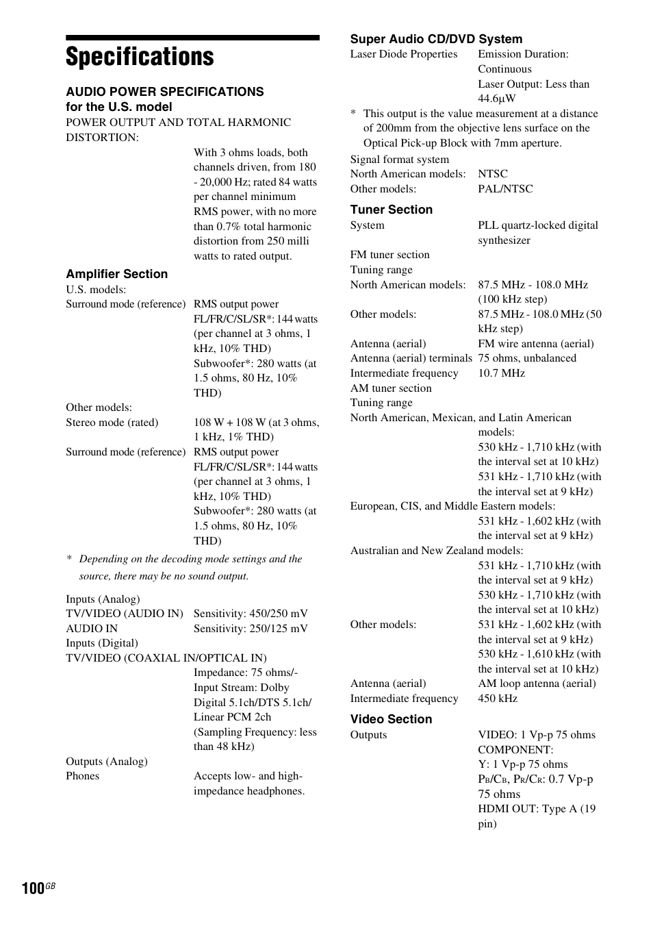 Specifications | Sony DAV-HDX585 User Manual | Page 100 / 116