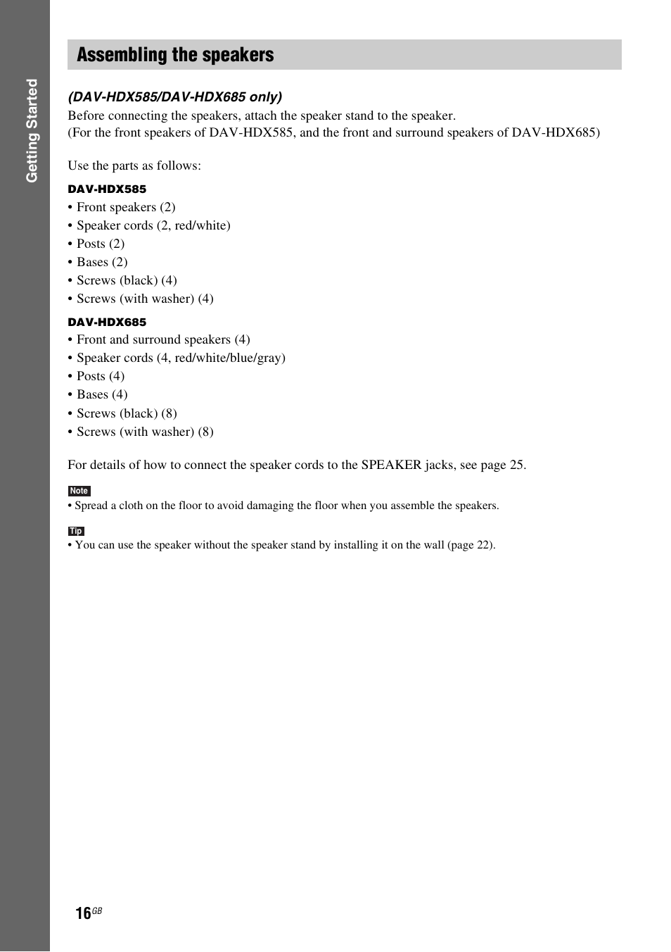 Assembling the speakers | Sony DAV-HDX585 User Manual | Page 16 / 116