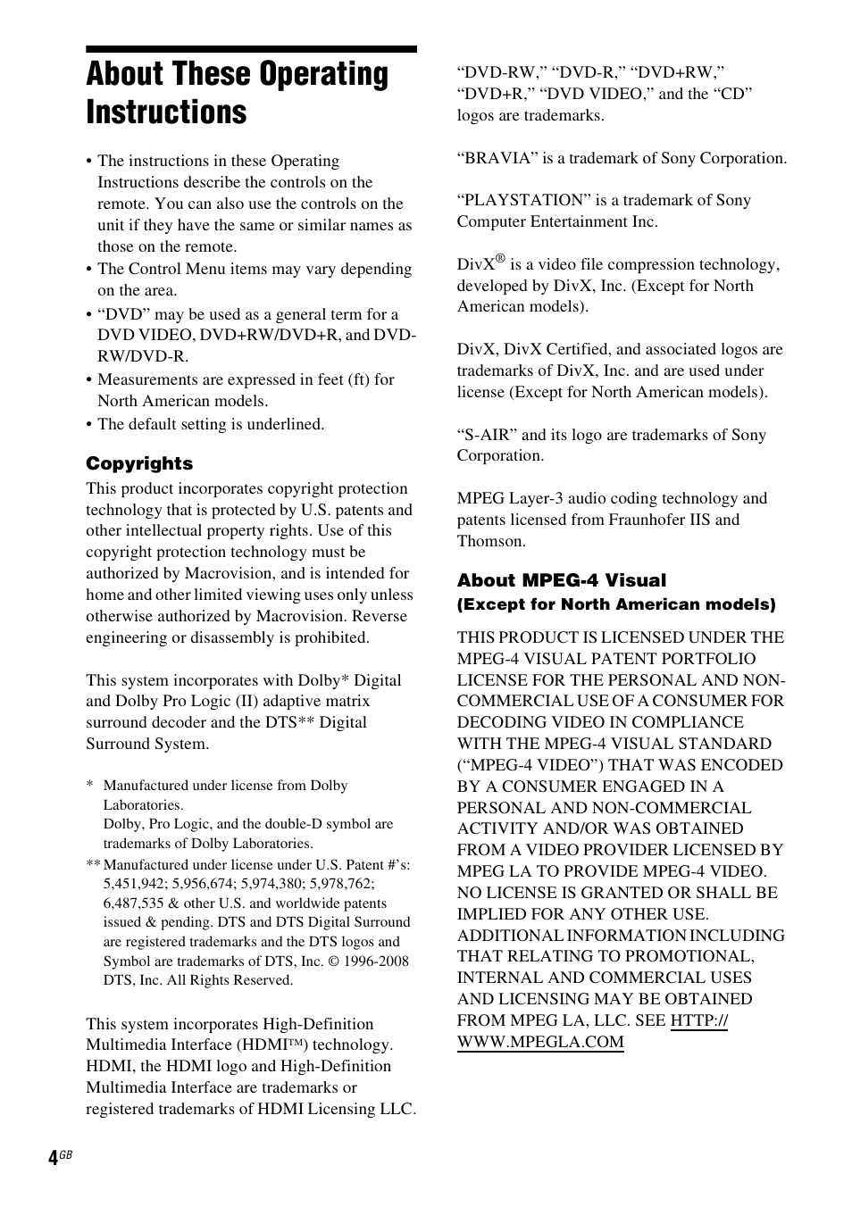 About these operating instructions | Sony DAV-HDX585 User Manual | Page 4 / 116