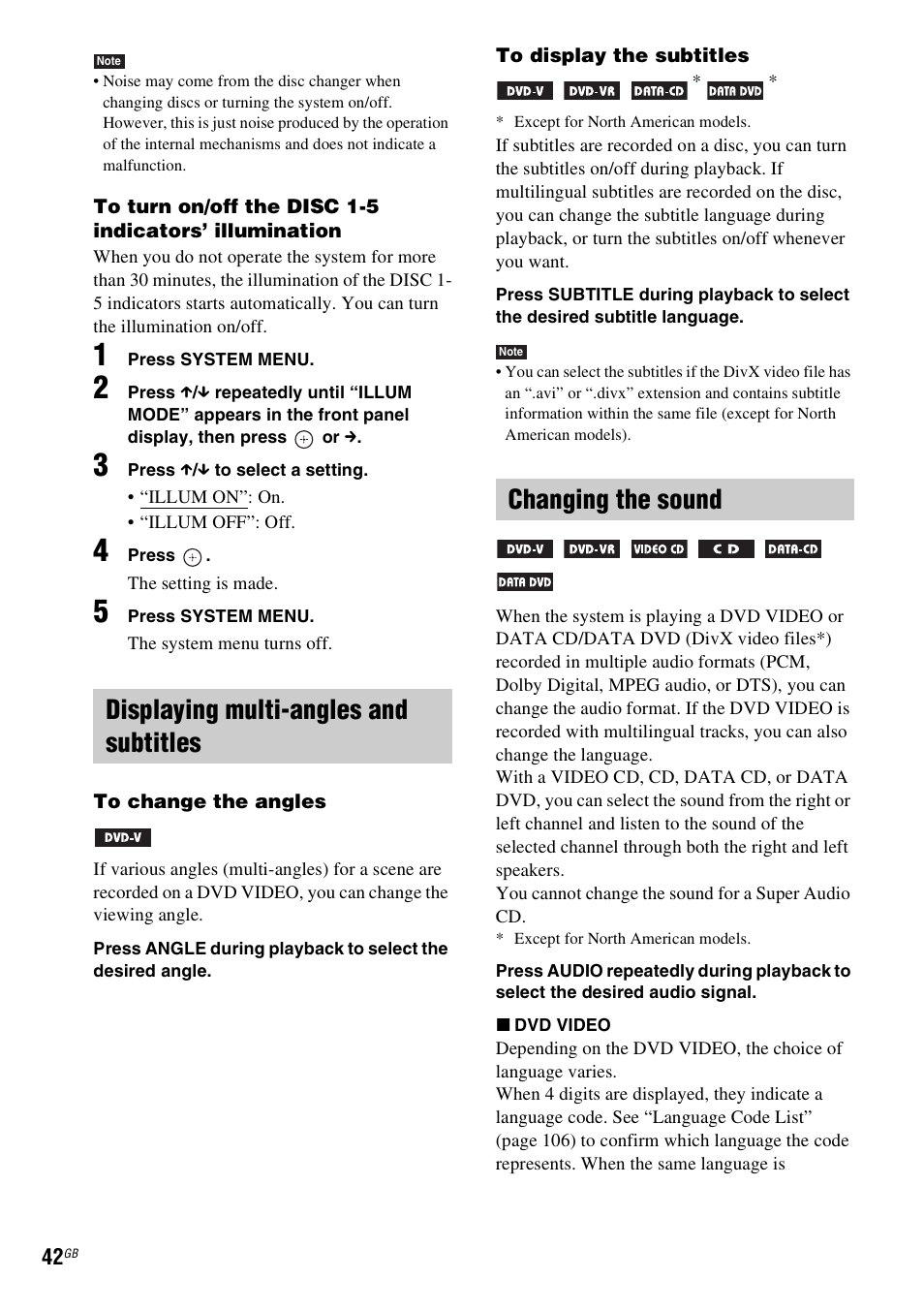 Displaying multi-angles and subtitles, Changing the sound | Sony DAV-HDX585 User Manual | Page 42 / 116