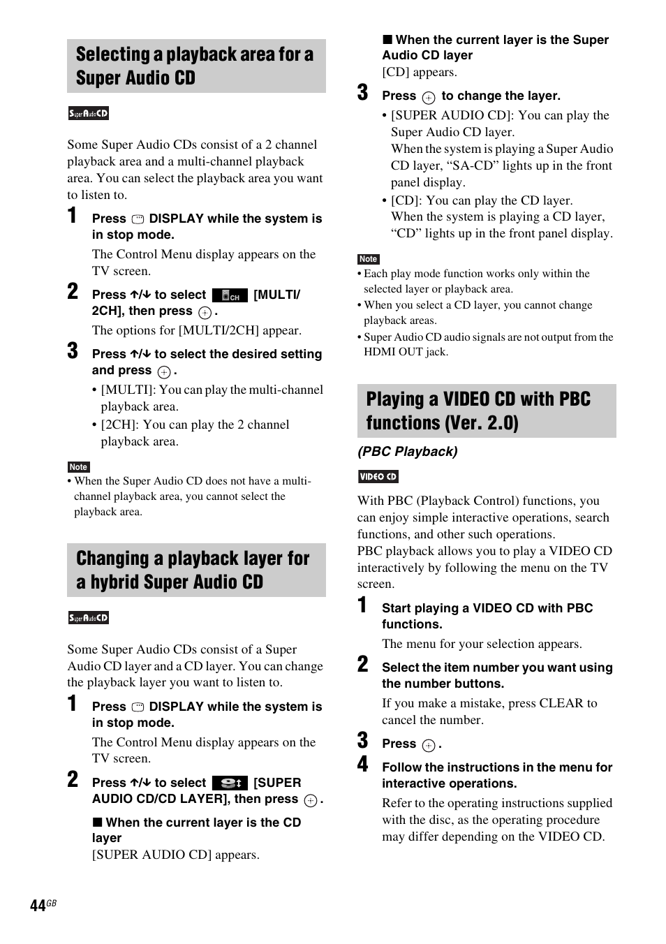 Selecting a playback area for a super audio cd, Playing a video cd with pbc functions (ver. 2.0) | Sony DAV-HDX585 User Manual | Page 44 / 116