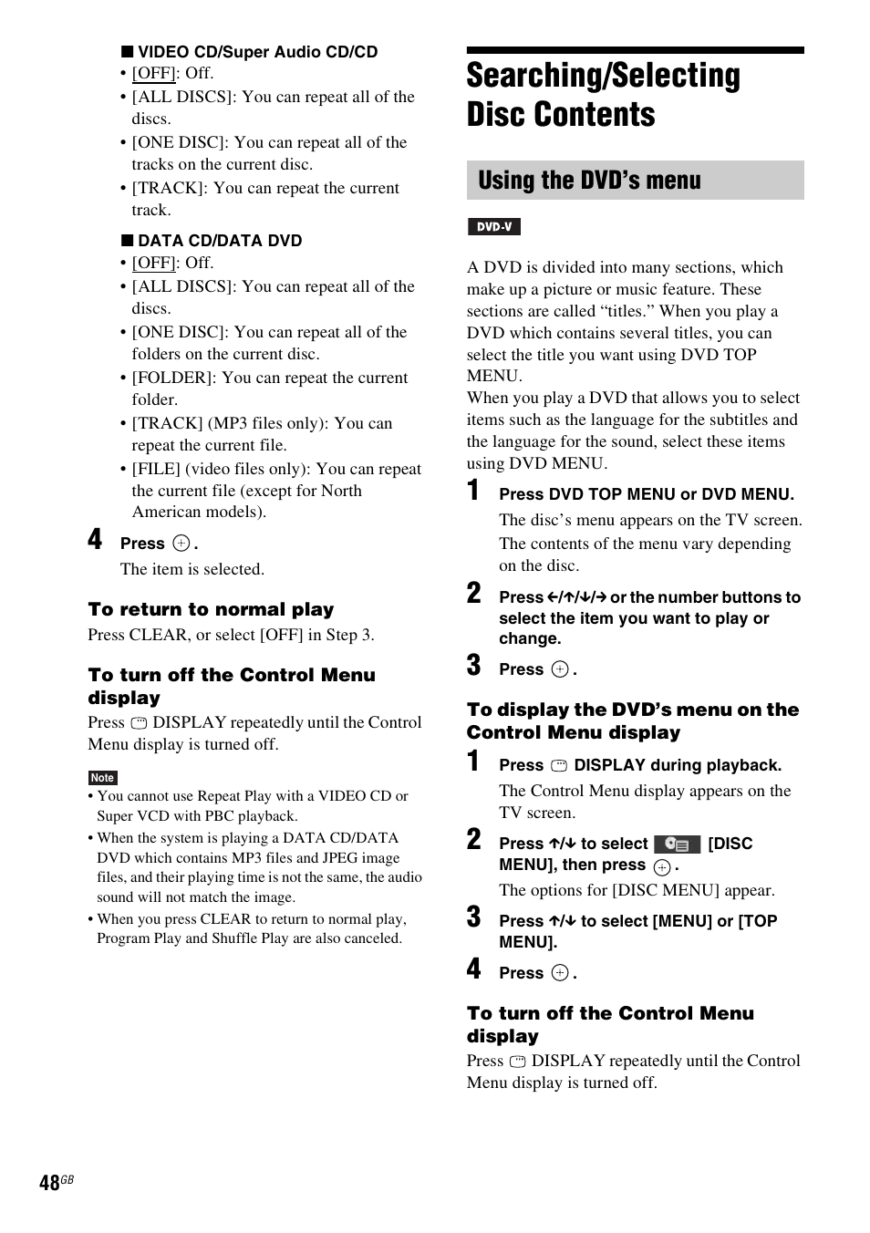 Searching/selecting disc contents, Using the dvd’s menu | Sony DAV-HDX585 User Manual | Page 48 / 116
