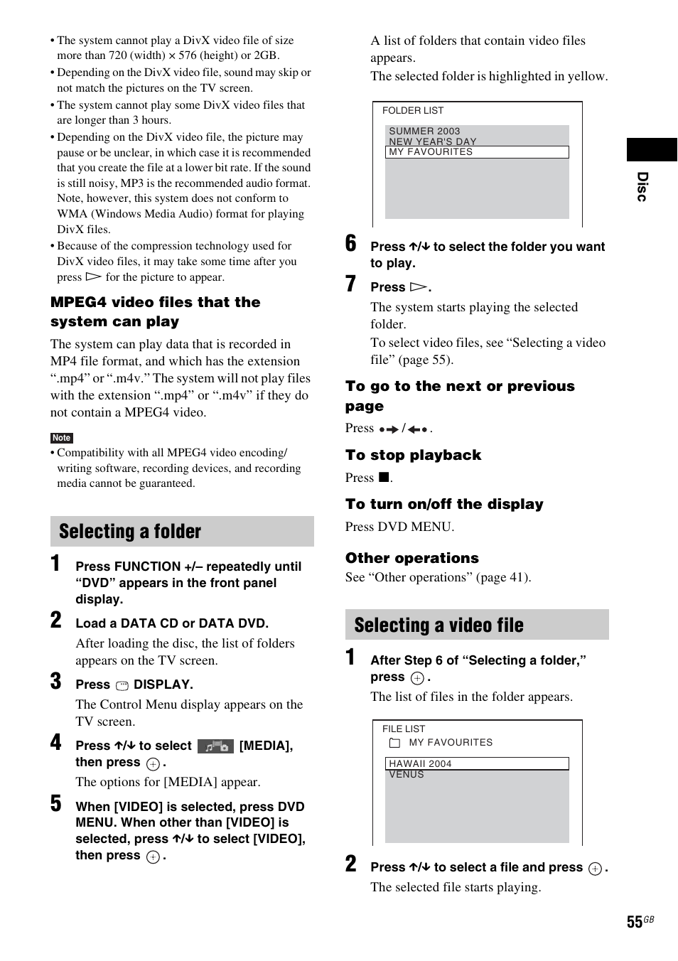 Selecting a folder, Selecting a video file, Selecting a folder selecting a video file | Sony DAV-HDX585 User Manual | Page 55 / 116