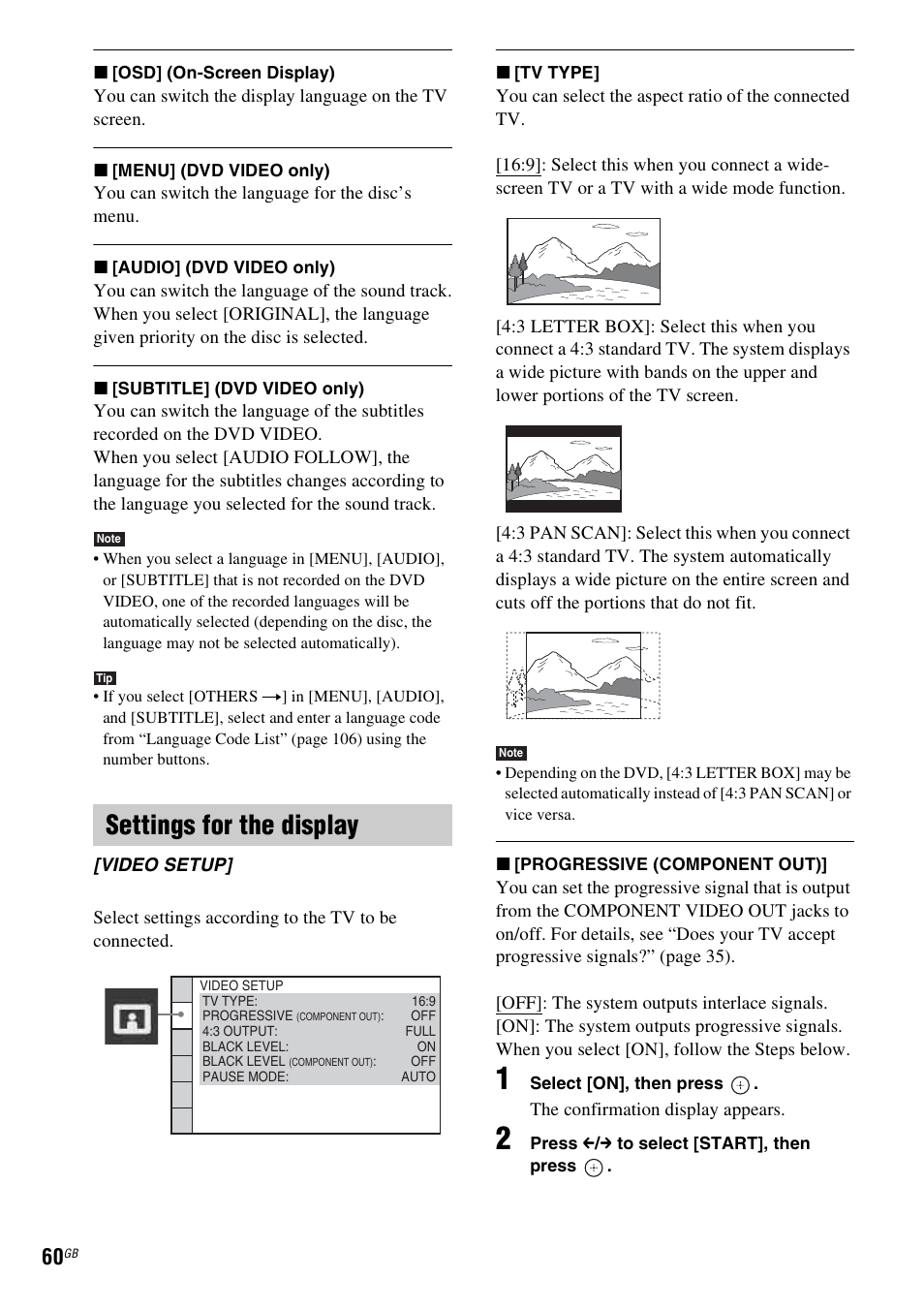 Settings for the display | Sony DAV-HDX585 User Manual | Page 60 / 116