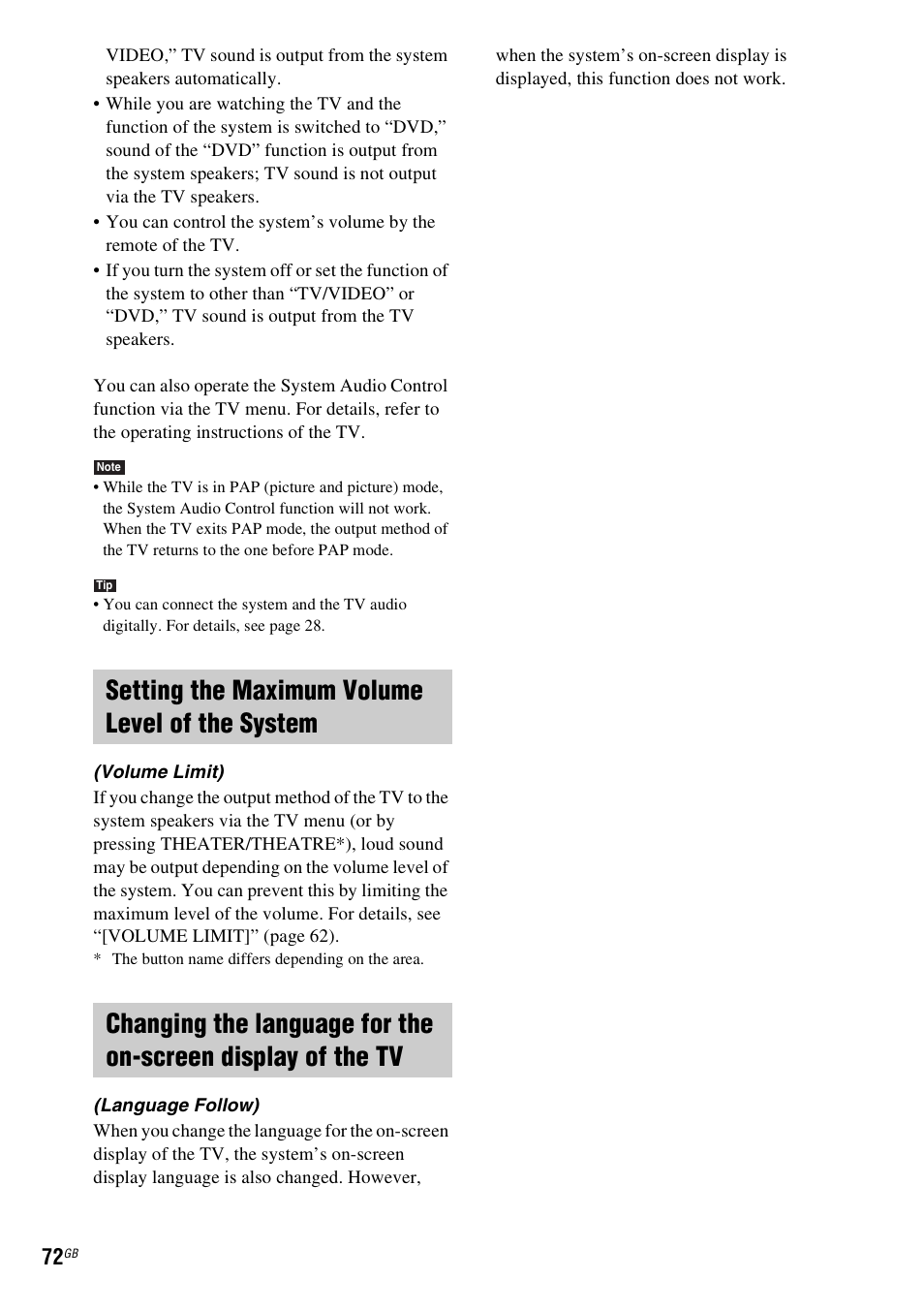 Setting the maximum volume level of the system | Sony DAV-HDX585 User Manual | Page 72 / 116